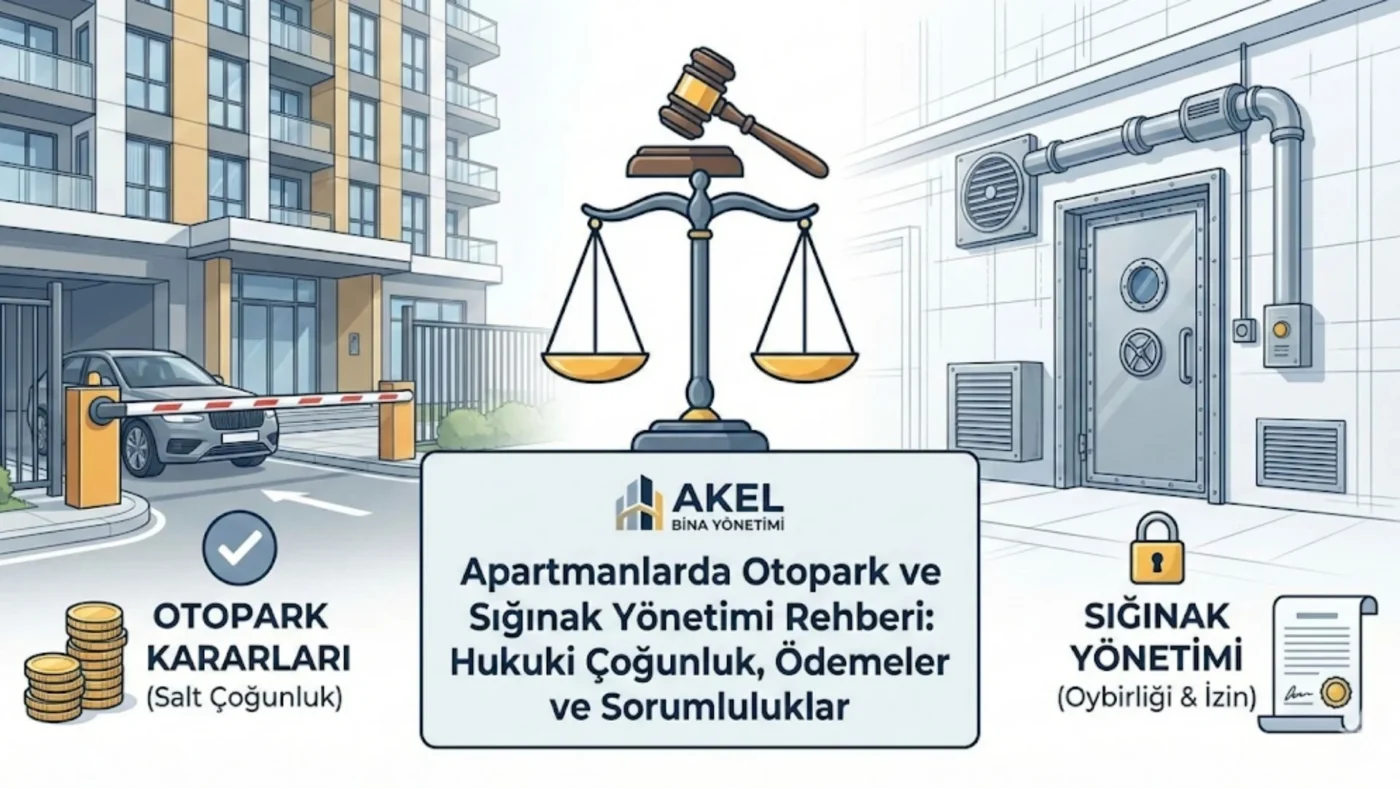 Akel Bina Yönetimi blog yazısı için hazırlanan, apartmanlarda otopark ve sığınak kullanımı kararlarının hukuki süreçlerini anlatan infografik başlık görseli. Merkezde bir adalet terazisi ve tokmak yer alır. Sol tarafta 'Otopark Kararları (Salt Çoğunluk)' başlığı altında bariyerli bir apartman girişi ve madeni paralar; sağ tarafta ise 'Sığınak Yönetimi (Oybirliği & İzin)' başlığı altında korunaklı bir sığınak kapısı ve resmi belge ikonu bulunur.