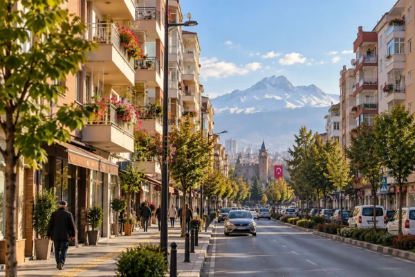 Ağaçlı cadde boyunca apartmanlar ve karlı dağ manzarası – bina yönetimi