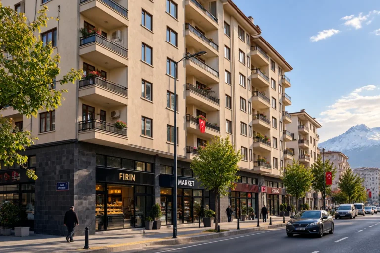 Altında dükkanlar olan bej apartman binası – apartman yönetimi