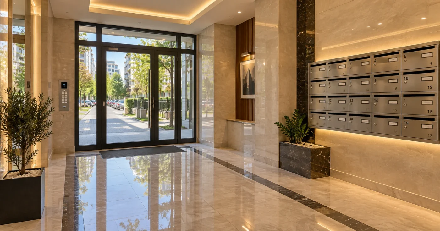 Profesyonel yönetilen bir apartmanın bakımlı giriş holü